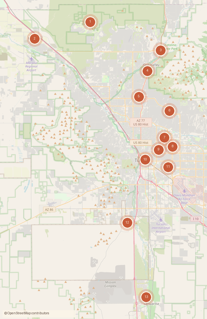 Map of the Tucson metro with numbered pins for each venue in this guide, from Marana in the northwest to Sahuarita in the south