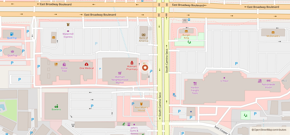 Map showing the location of Baskin Robbins, 8670 E Broadway Blvd, Tucson AZ 85710
