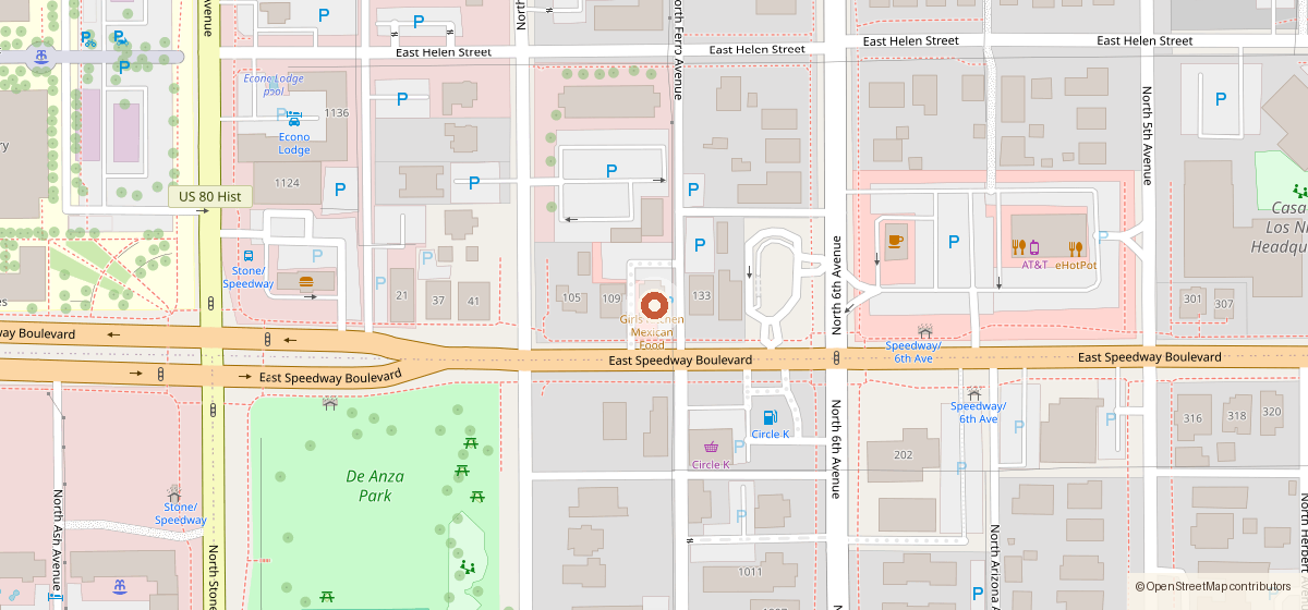 Map showing the location of Carrizal Molino Cocina, 119 E Speedway Blvd, Tucson AZ 85705