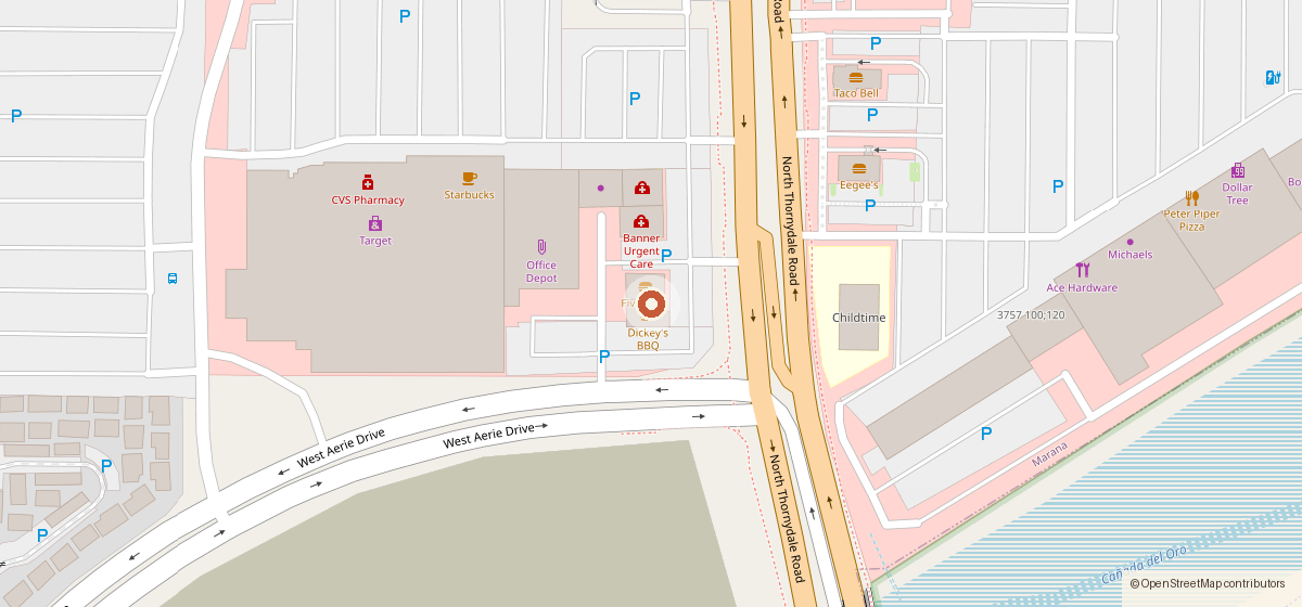 Map showing the location of Dickeys Barbecue Pit, 7077 N Thornydale Rd, Tucson AZ 85741