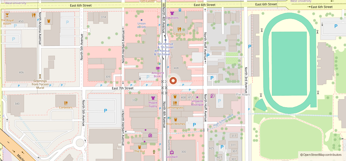 Map showing the location of Double Down on 4th, 400 N 4th Ave, Tucson AZ 85705