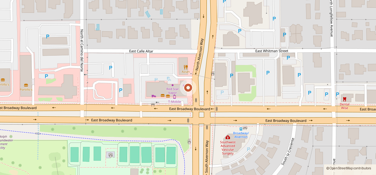 Map showing the location of Proof Bread LLC, 3855 E Broadway Blvd, Tucson AZ 85716
