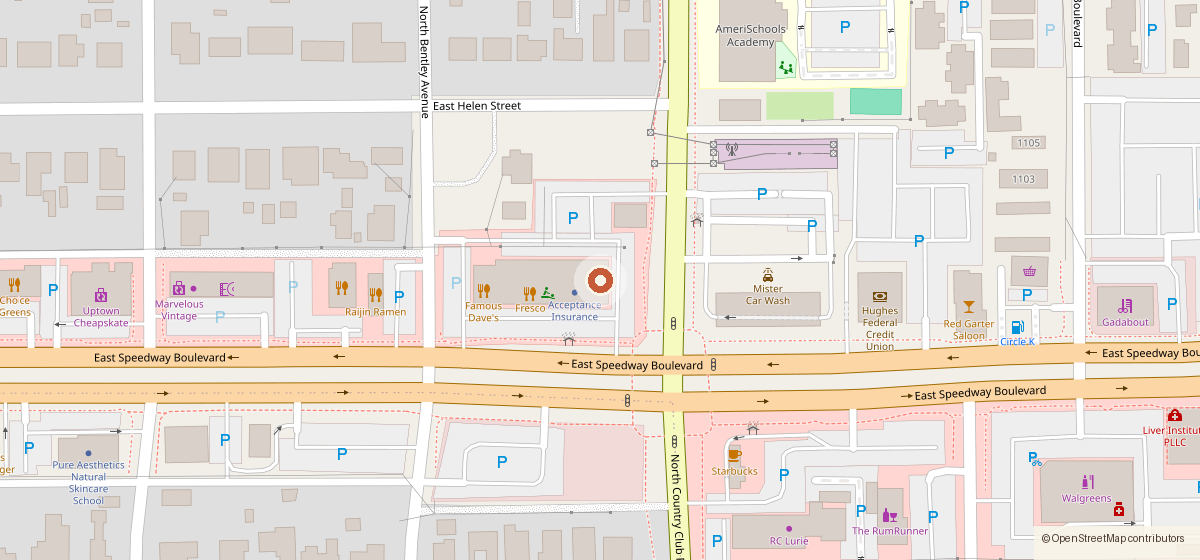 Map showing the location of Scented Leaf Tea House, 3025 E Speedway Blvd, Tucson AZ 85716