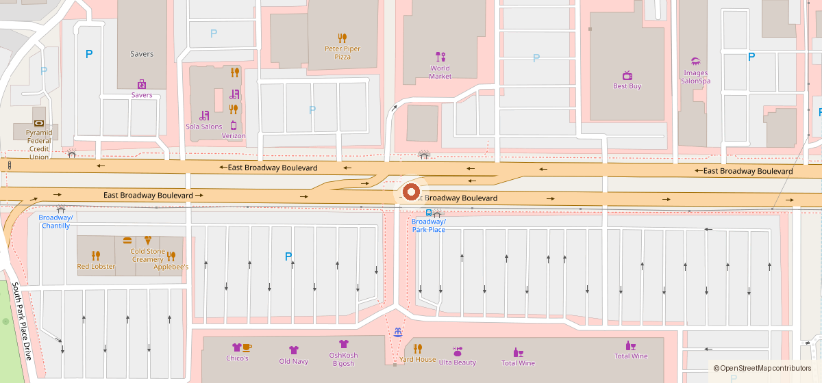 Map showing the location of Cold Beers & Cheeseburgers, 5950 E. Broadway Blvd., Tucson