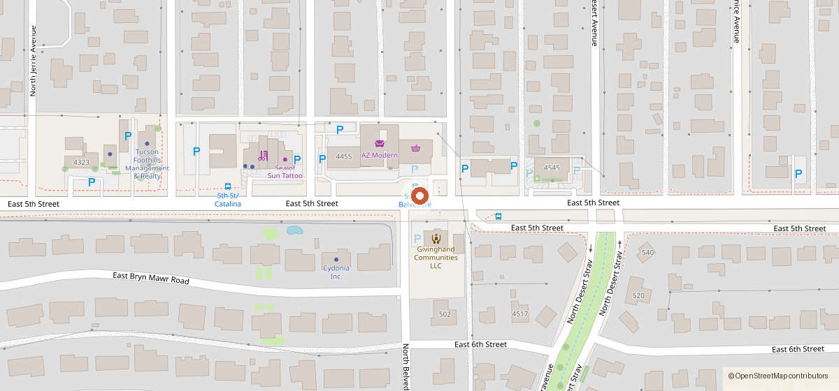 Map showing the location of Grab N Go Pima, 4477 E. 5th St.