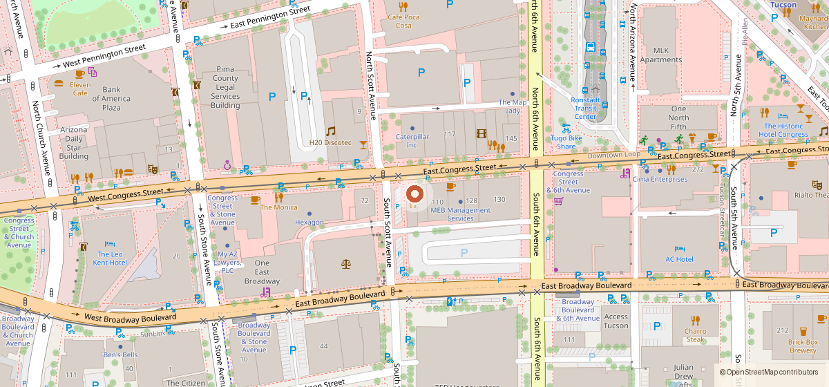 Map showing the location of Los Milics Vineyard, 98 E. Congress St., Tucson