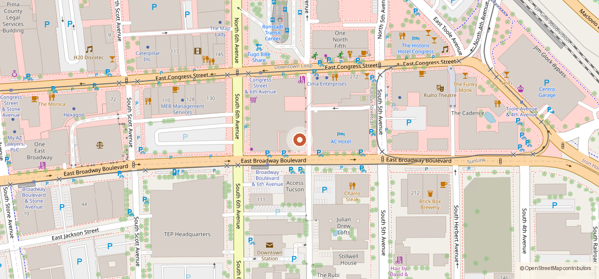 Map showing the location of Pueblo Vida Brewing, 121 E. Broadway Blvd.