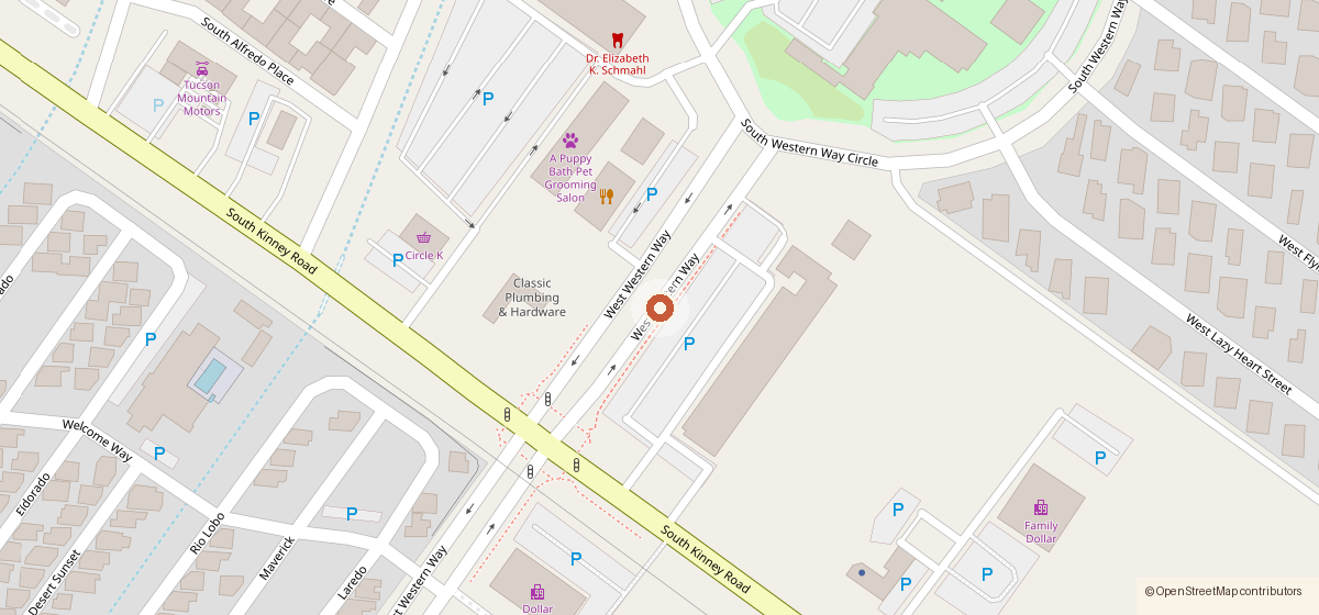 Map showing the location of Tiny's, 5975 S. Western Way Circle, Tucson