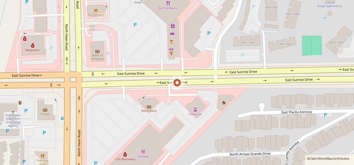 Map showing the location of Turquoise Wine Bar, 4772 E. Sunrise Drive, Tucson