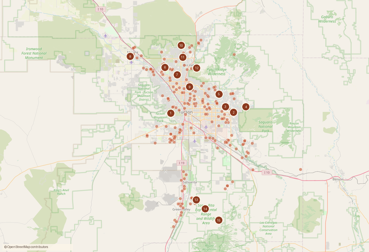 Map of the Tucson metro with a dot for each home sale recorded this week and numbered pins for the largest sales