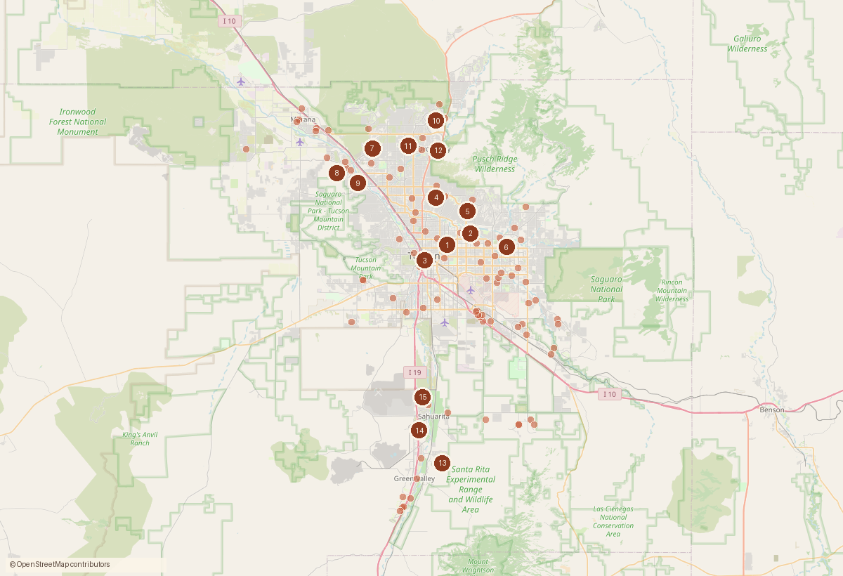 Map of the Tucson metro with a dot for each home sale recorded this week and numbered pins for the largest sales