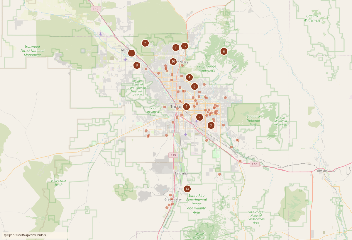 Map of the Tucson metro with a dot for each home sale recorded this week and numbered pins for the largest sales