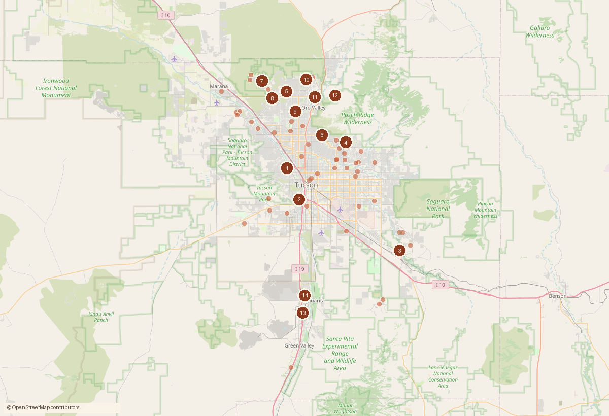 Map of the Tucson metro with a dot for each home sale recorded this week and numbered pins for the largest sales